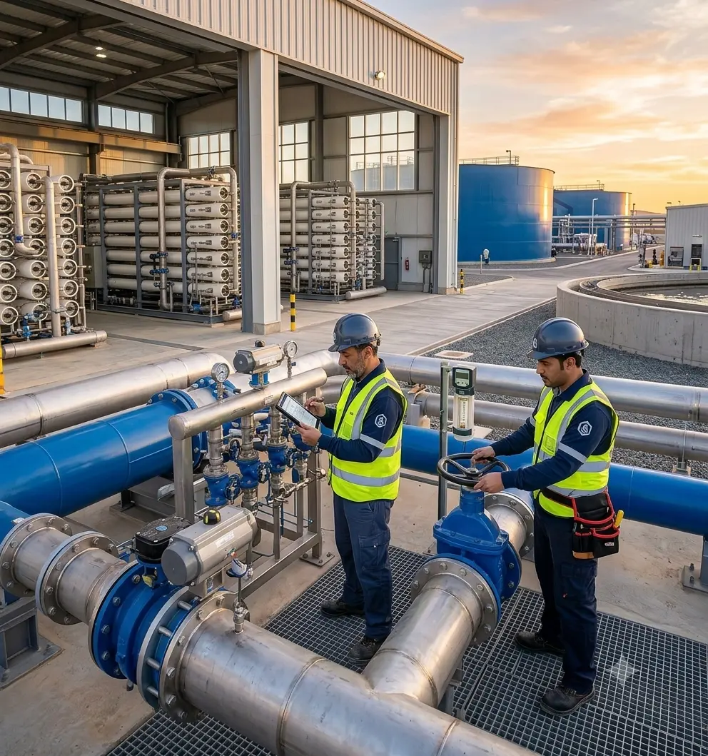 Sumo East engineers inspecting valves and instrumentation at a water treatment plant