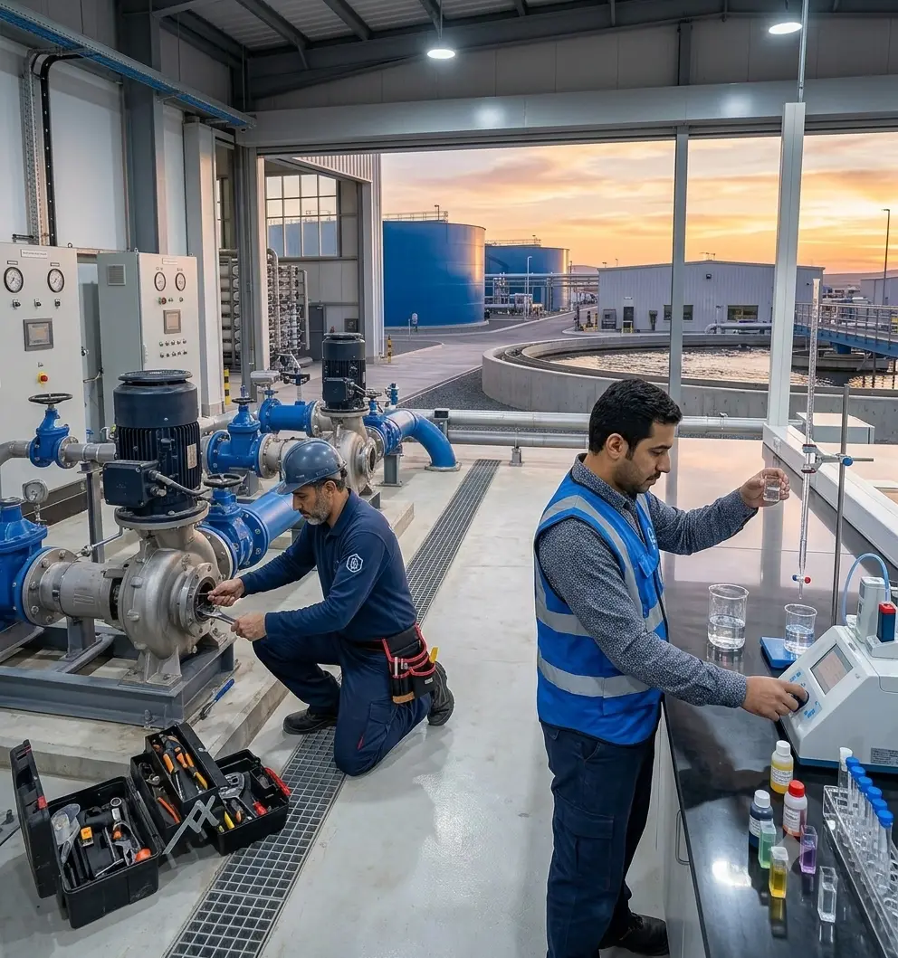 Sumo East technicians performing maintenance and water-quality testing